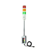 Three-position pole-mounted industrial signal with 3-position switch on a white background; Red-Amber-Green.