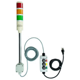 Three-color pole-mounted industrial signal light with a 3-position switch box and extended power cable; Red-Amber-Green on a white background.