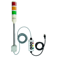 Three-color pole-mounted industrial signal light with a 3-position switch box and extended power cable; Red-Amber-Green on a white background.