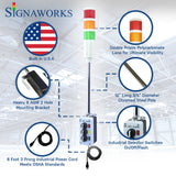 'Signaworks' branded graphic built in the U.S.A. featuring prism lenses, 8 AWG mounting bracket, chrome pole, industrial selector switch and black power cord.