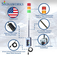 'Signaworks' branded graphic built in the U.S.A. featuring prism lenses, 8 AWG mounting bracket, chrome pole, industrial selector switch and black power cord.