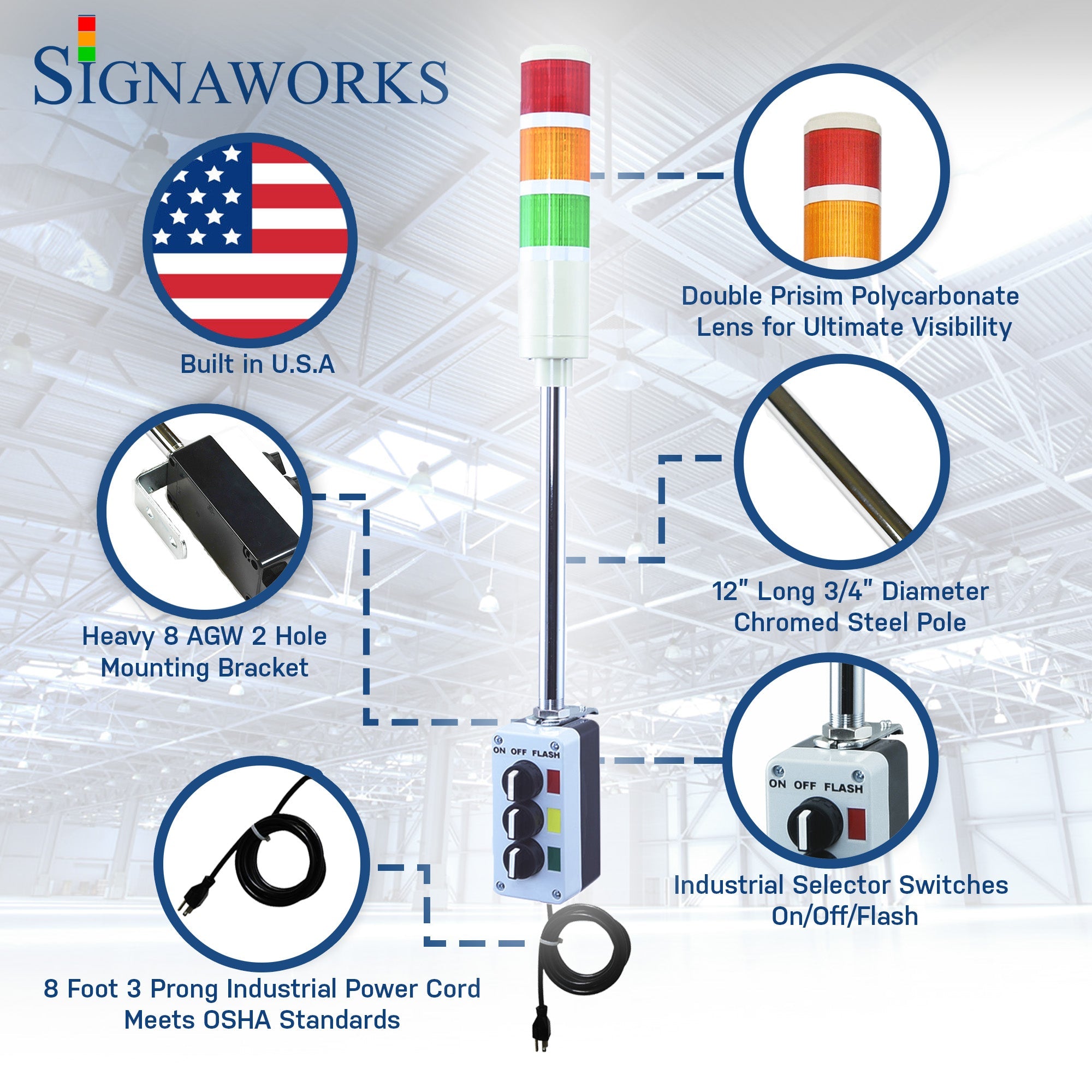 'Signaworks' branded graphic built in the U.S.A. featuring prism lenses, 8 AWG mounting bracket, chrome pole, industrial selector switch and black power cord.