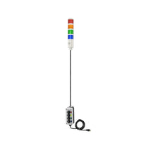 Red pole-mounted industrial signal with 3-position switch on a white background; Red-Amber-Green-Blue.