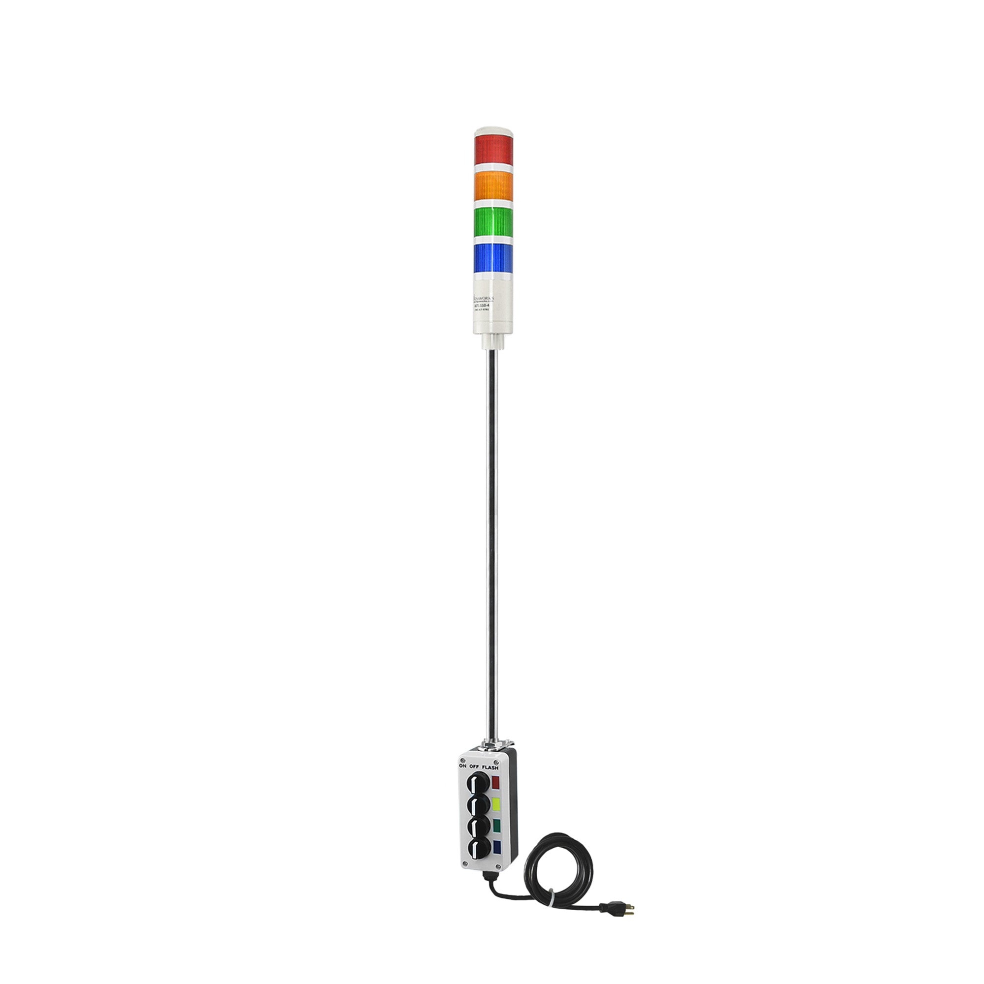 Red pole-mounted industrial signal with 3-position switch on a white background; Red-Amber-Green-Blue.