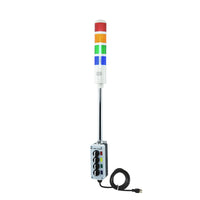 Four-position pole-mounted industrial signal with 3-position switch on a white background; Red-Amber-Green-Blue.