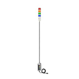 Four-color pole-mounted industrial signal with 3-position switches on a white background; Red-Amber-Green-Blue.