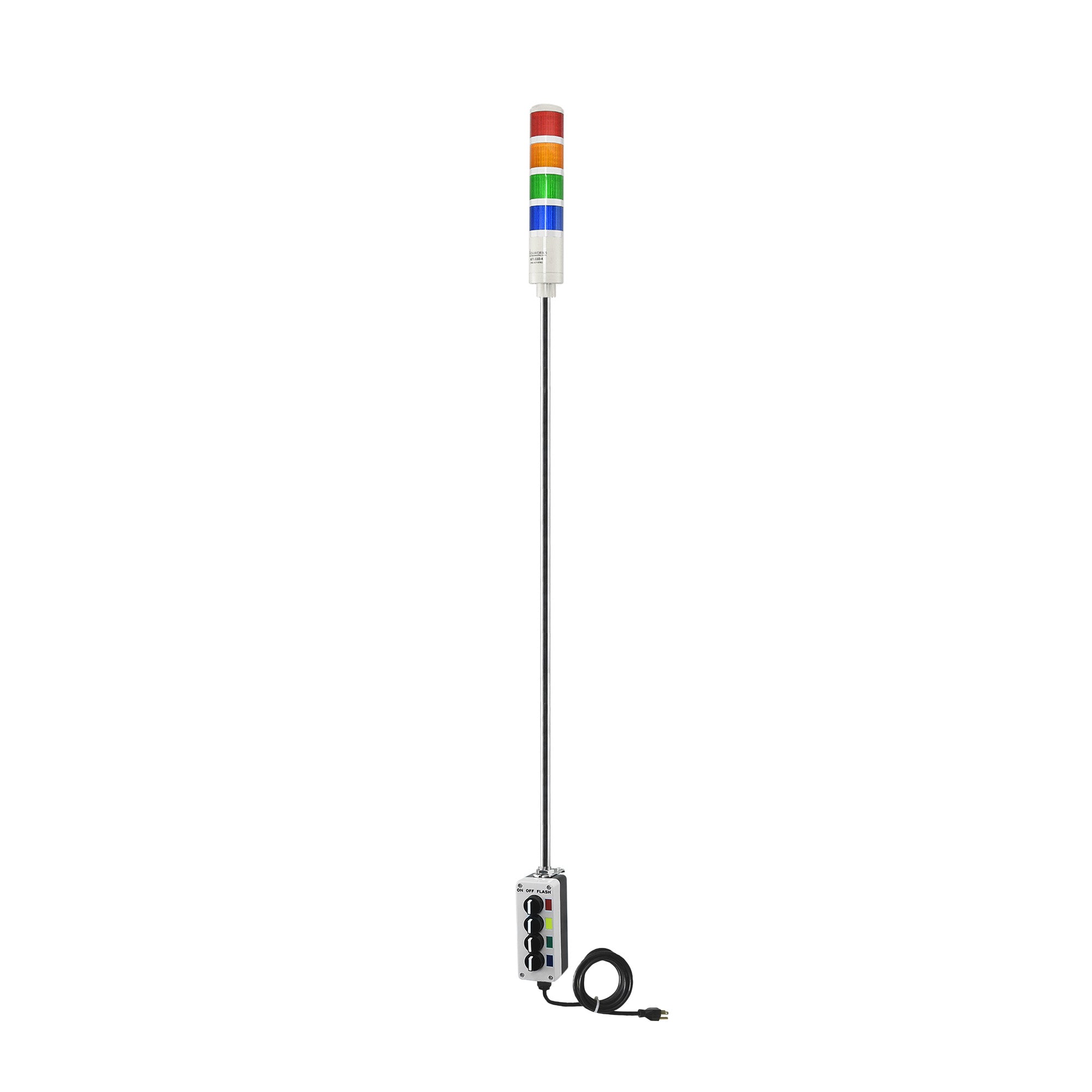 Four-color pole-mounted industrial signal with 3-position switches on a white background; Red-Amber-Green-Blue.
