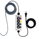 3-position switch box for four-color industrial signal light with extended power cable; Red-Amber-Green-Blue on a white background.
