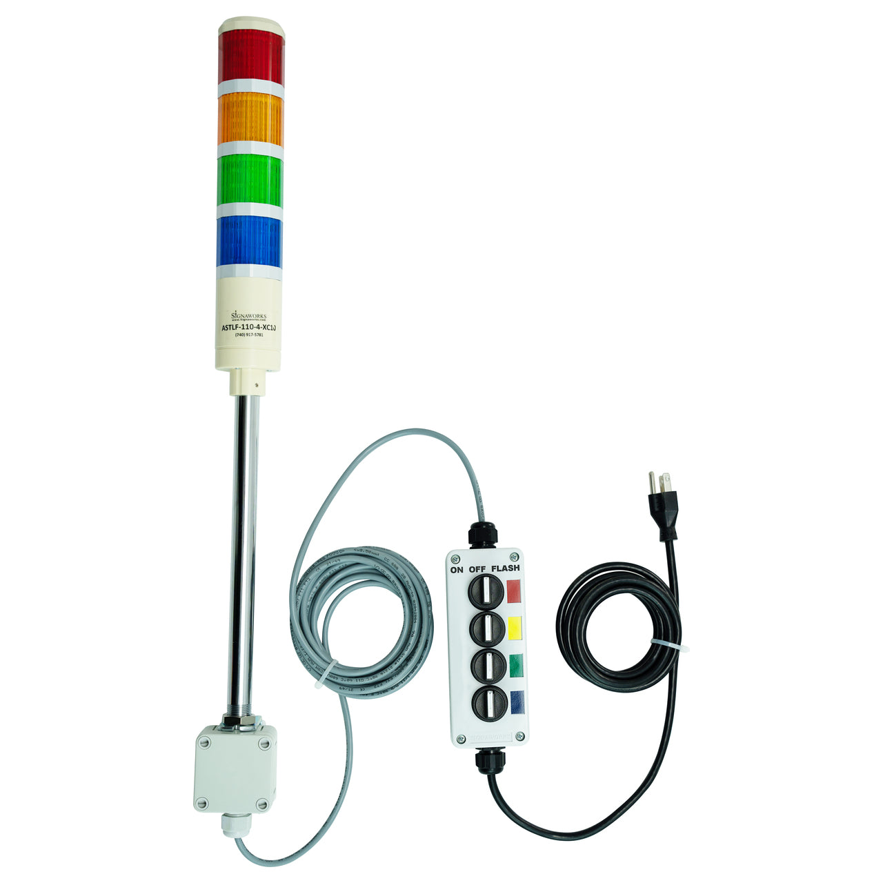 Four-color pole-mounted industrial signal light with a 3-position switch box and extended power cable; Red-Amber-Green-Blue on a white background.