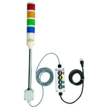 Four-color pole-mounted industrial signal light with a 3-position switch box and extended power cable; Red-Amber-Green-Blue on a white background.