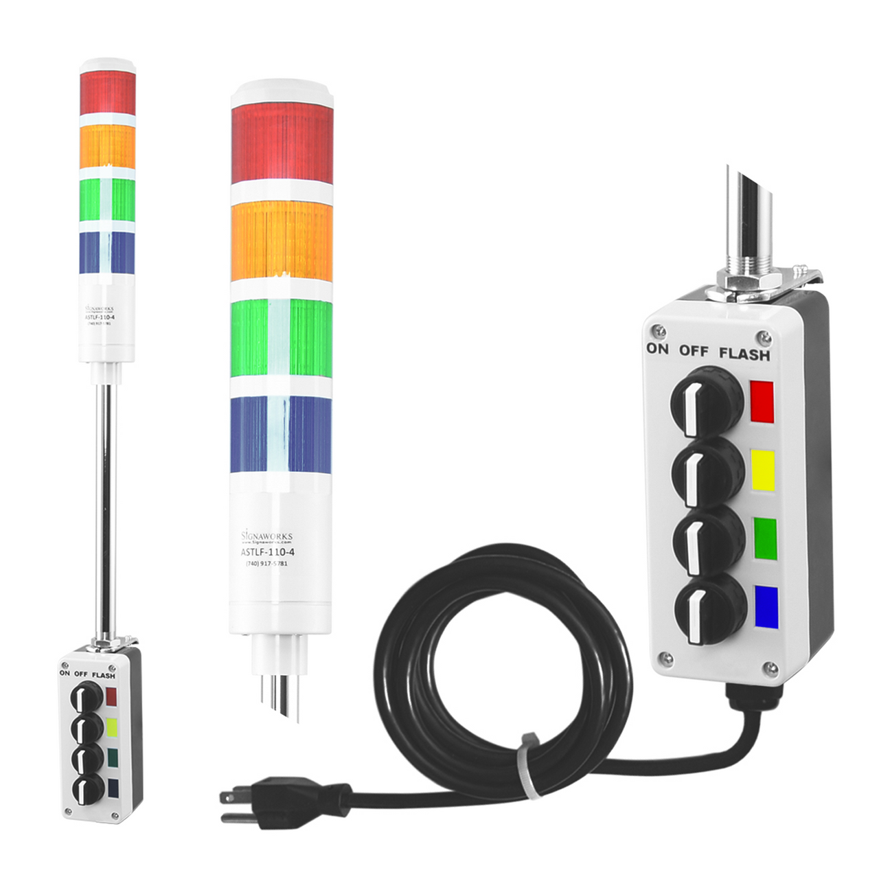 Four-color pole-mounted industrial signal light with a 3-position switch box and power cord; Red-Amber-Green-Blue on a white background.