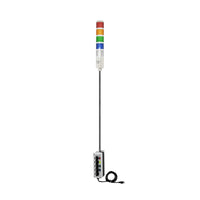 Five-color pole-mounted industrial signal with 3-position switch on a white background; Red-Amber-Green-Blue-White.