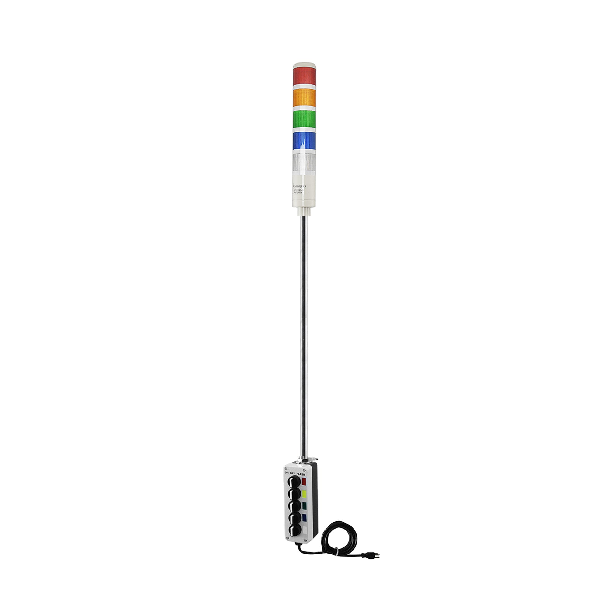 Five-color pole-mounted industrial signal with 3-position switch on a white background; Red-Amber-Green-Blue-White.