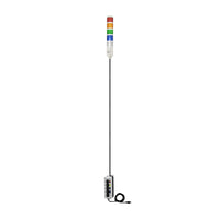 Five-Color pole-mounted industrial light with 3-position switches on a white background; Red-Amber-Green-Blue-White.