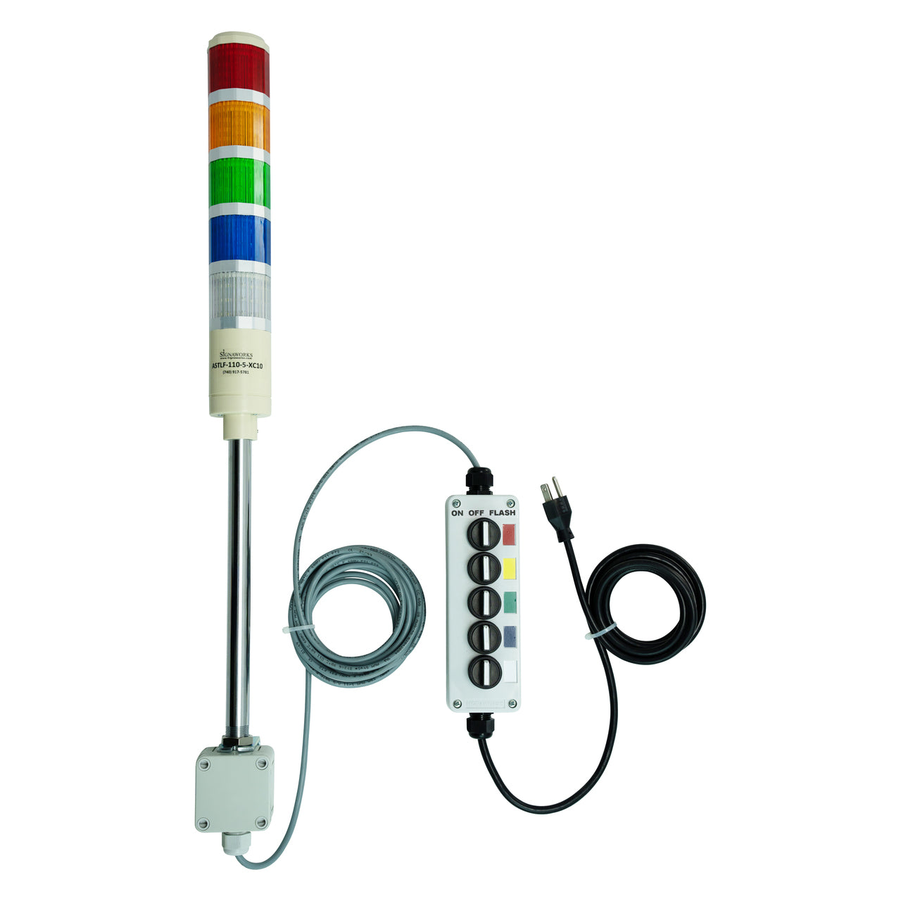 Five-color pole-mounted industrial signal light with a 3-position switch box and extended power cable; Red-Amber-Green-Blue-White on a white background.