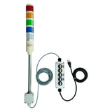 Five-color pole-mounted industrial signal light with a 3-position switch box and extended power cable; Red-Amber-Green-Blue-White on a white background.
