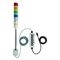 Five-color pole-mounted industrial signal light with a 3-position switch box and extended power cable; Red-Amber-Green-Blue-White on a white background.