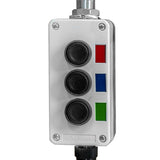 Grey and black control box with red, green and blue push-button control boxes on a white background.