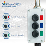 'Signaworks' branded graphic depicting close up of red, green and blue push on/off buttons.