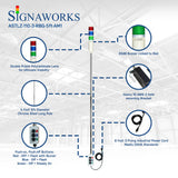 'Signaworks' branded graphic with prism lens, buzzer, mounting bracket, pole, push on/off control box and black power cord.