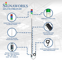 'Signaworks' branded graphic with prism lens, buzzer, mounting bracket, pole, push on/off control box and black power cord.