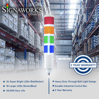 Graphic with warehouse in background illustrating product features and 2-year warranty icon and 'Signaworks' branding.