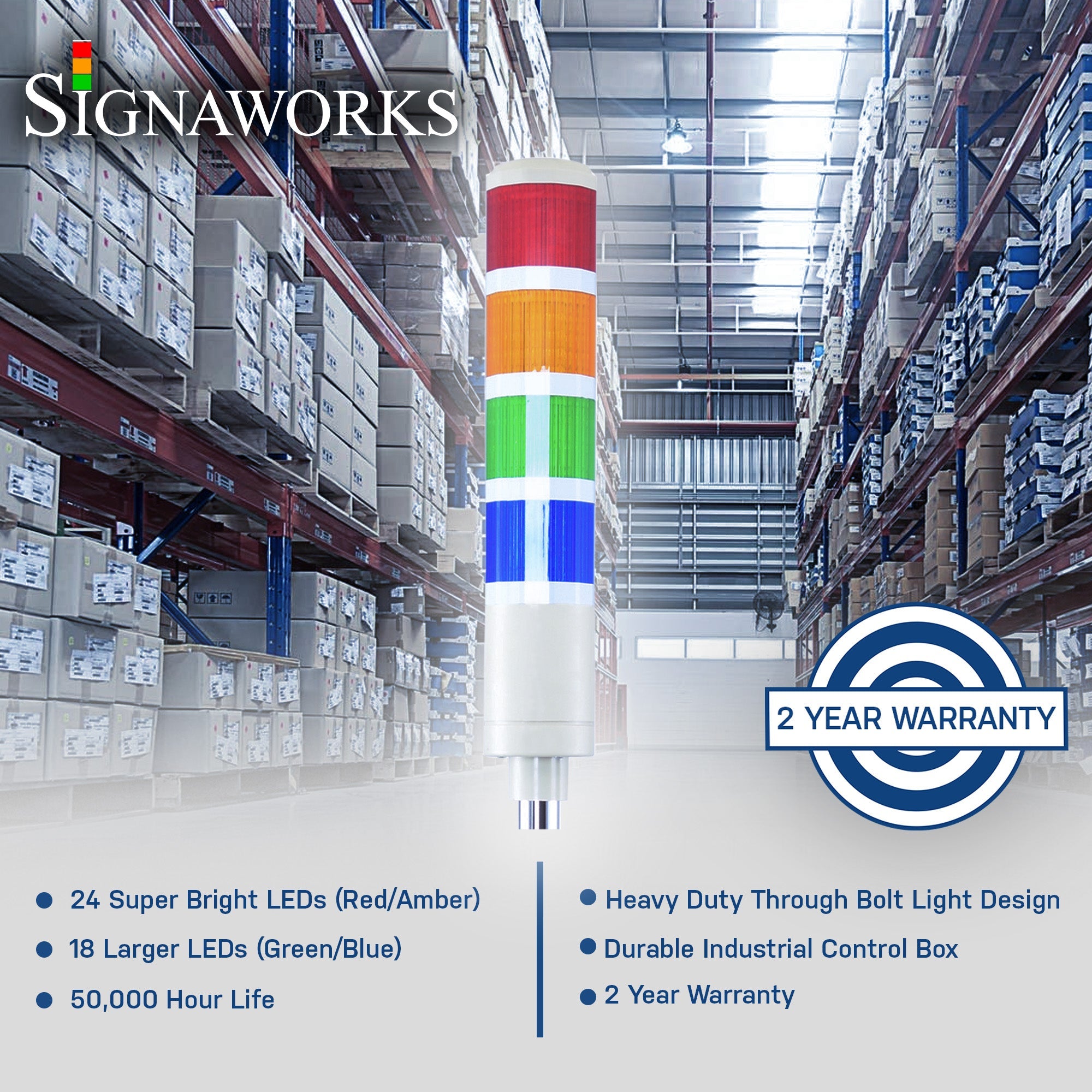 Graphic with warehouse in background illustrating product features and 2-year warranty icon and 'Signaworks' branding.