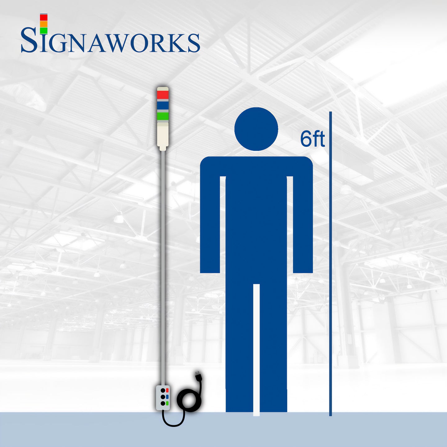 Diagram showing how tall a 5 Ft pole-mounted ASTL relative to a 6 Ft tall person.