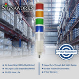 Graphic with warehouse in background illustrating product features and 2-year warranty icon and 'Signaworks' branding.