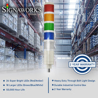 Graphic with warehouse in background illustrating product features and 2-year warranty icon and 'Signaworks' branding.