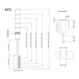A black on white diagram depicting the dimensions of a 1-5 light ASTL and its accompanying mounting hardware.