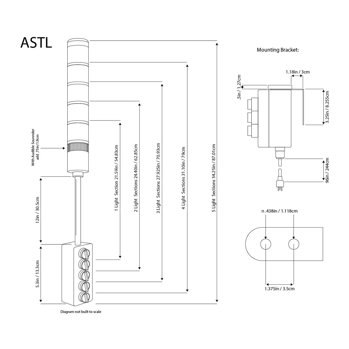 A black on white diagram depicting the dimensions of a 1-5 light ASTL and its accompanying mounting hardware.