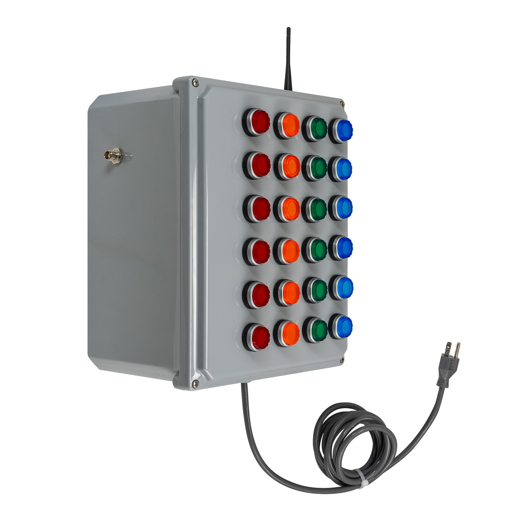 Wireless bingo board with multiple colored unilluminated push-button lights, power cord and antenna on a white background.