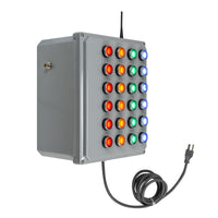 Wireless bingo board with multiple colored  illuminated push-button lights, power cord and antenna on a white background.