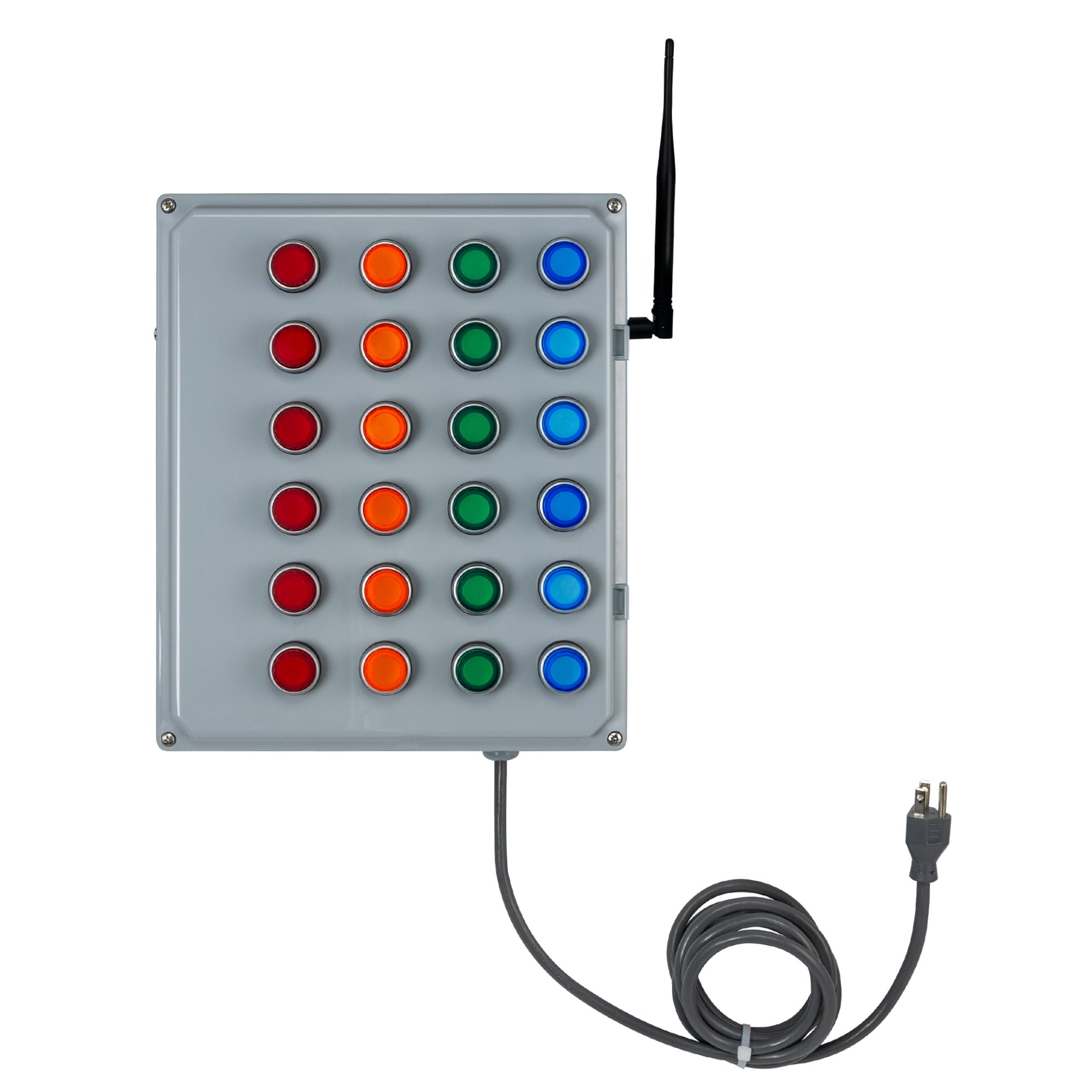 Wireless bingo board with multiple colored  unilluminated push-button lights, power cord and antenna on a white background.