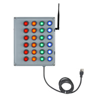 Wireless bingo board with multiple colored  illuminated push-button lights, power cord and antenna on a white background.