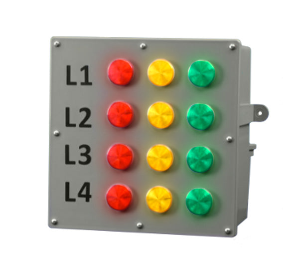 Multicolor illuminated bingo board housed in a grey box on a white background.