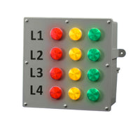 A 2 inch LED Andon Bingo Board display with multiple colored LED lamps arranged in a square grid pattern, labeled with labels 'L1' to 'L4'.background.