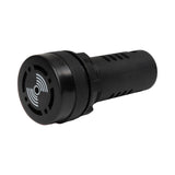 Black 22mm panel mount audible alarms, showing front quarter view.