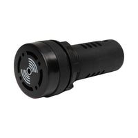 Black 22mm panel mount audible alarms, showing front quarter view.