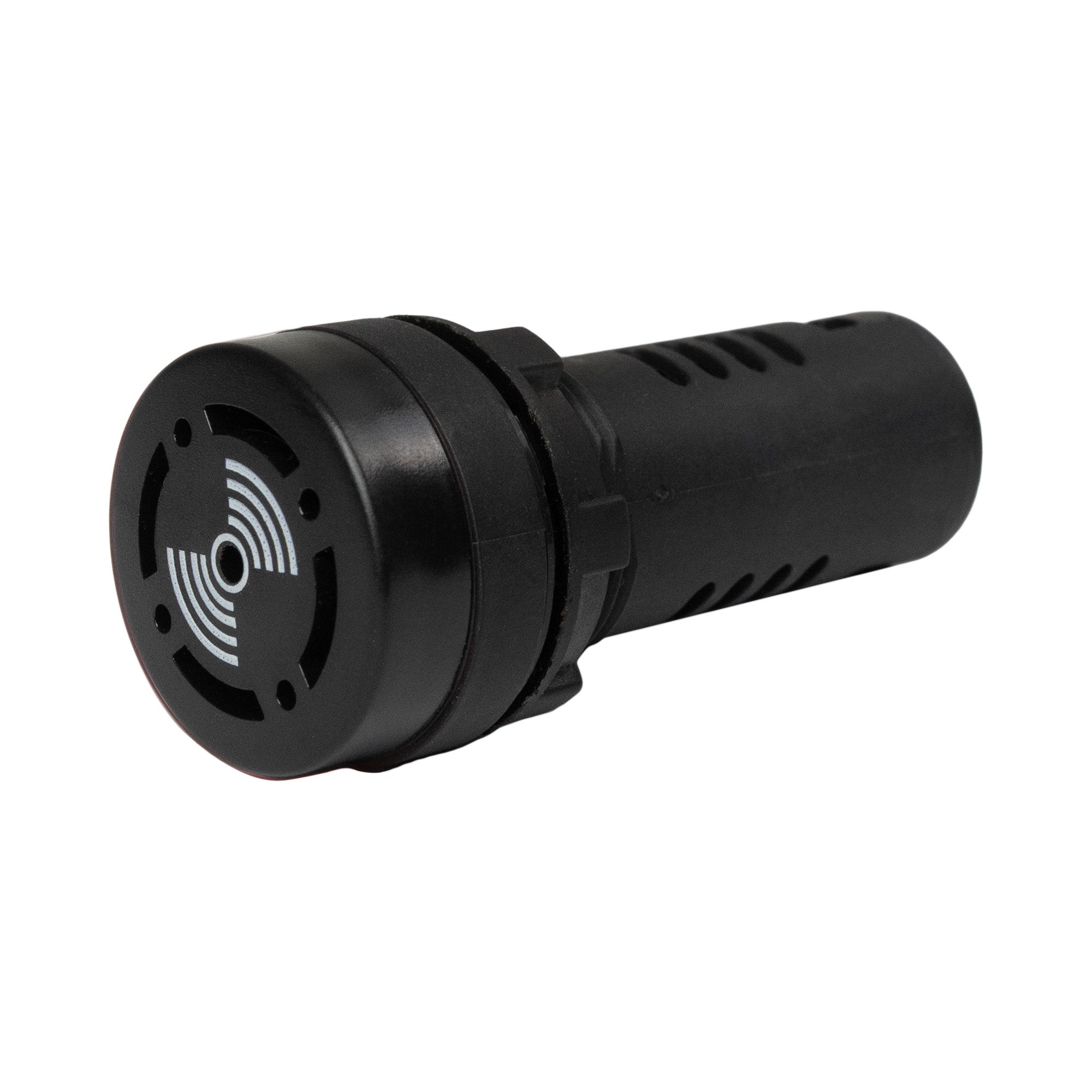 Black 22mm panel mount audible alarms, showing front quarter view.
