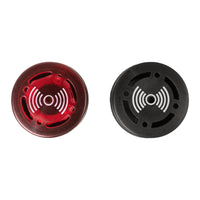 Two 22mm panel mount audible alarms with LED indicators, one in black and one in red, showing buzzer faces.