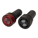 Two 22mm panel mount audible alarms with LED indicators, one in black and one in red, showing front quarter view.
