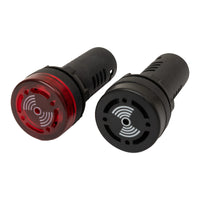 Two 22mm panel mount audible alarms with LED indicators, one in black and one in red, showing front quarter view.