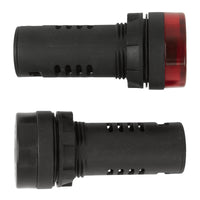 Two 22mm panel mount audible alarms with LED indicators, one in black and one in red, showing side view.