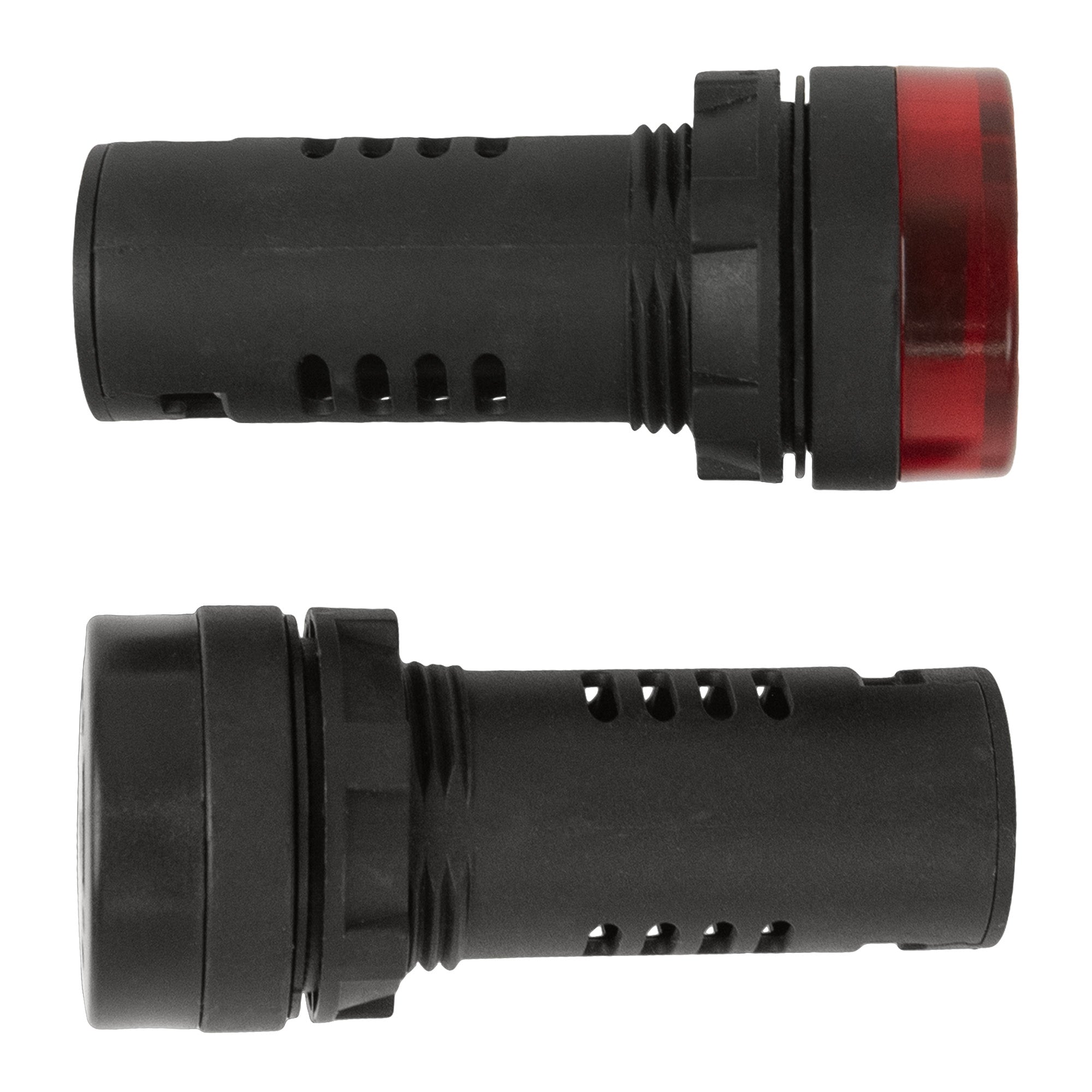 Two 22mm panel mount audible alarms with LED indicators, one in black and one in red, showing side view.