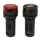 Two 22mm panel mount audible alarms with LED indicators, one in black and one in red, showing top view.