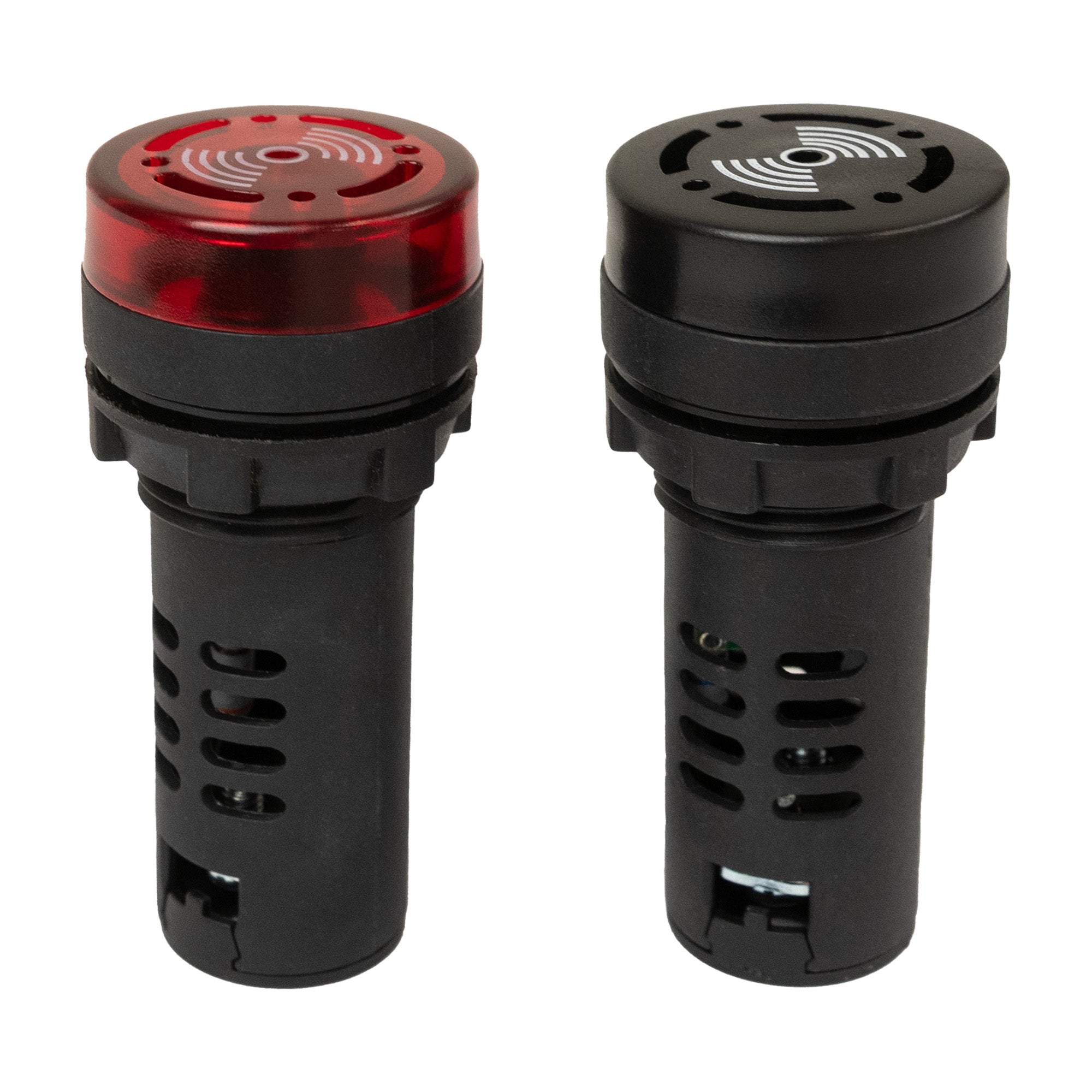 Two 22mm panel mount audible alarms with LED indicators, one in black and one in red, showing top view.
