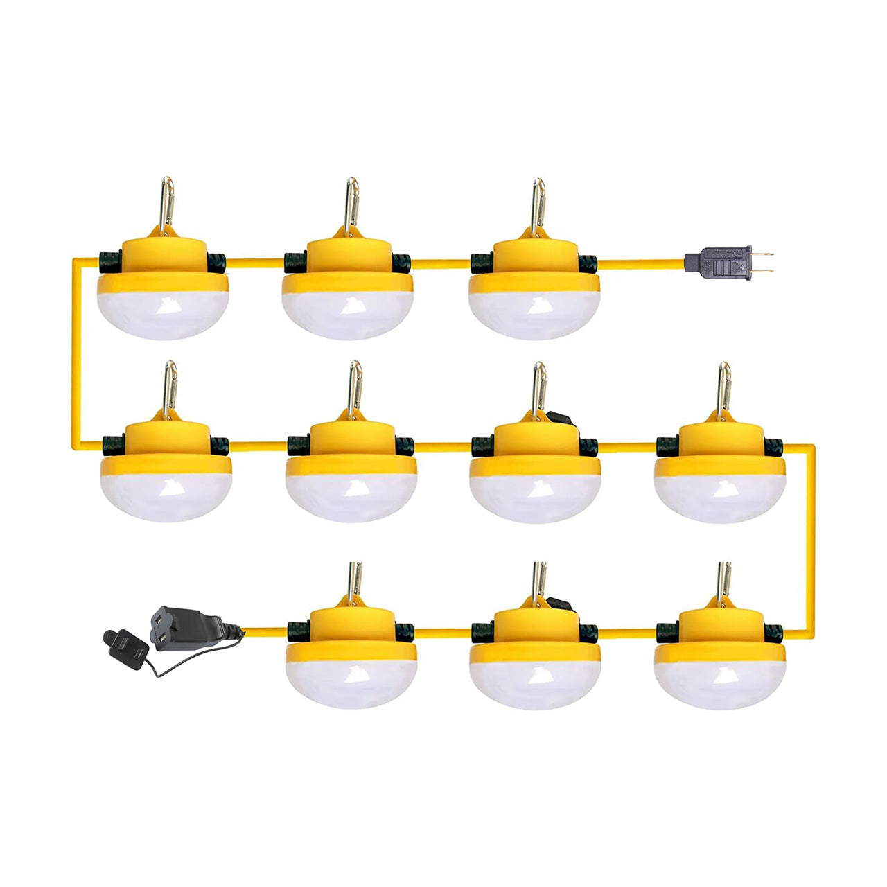 Ten yellow and black LED construction string lights on a a0 foot power cable on aa white background.