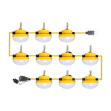 Ten yellow and black LED construction string lights on a a0 foot power cable on aa white background.